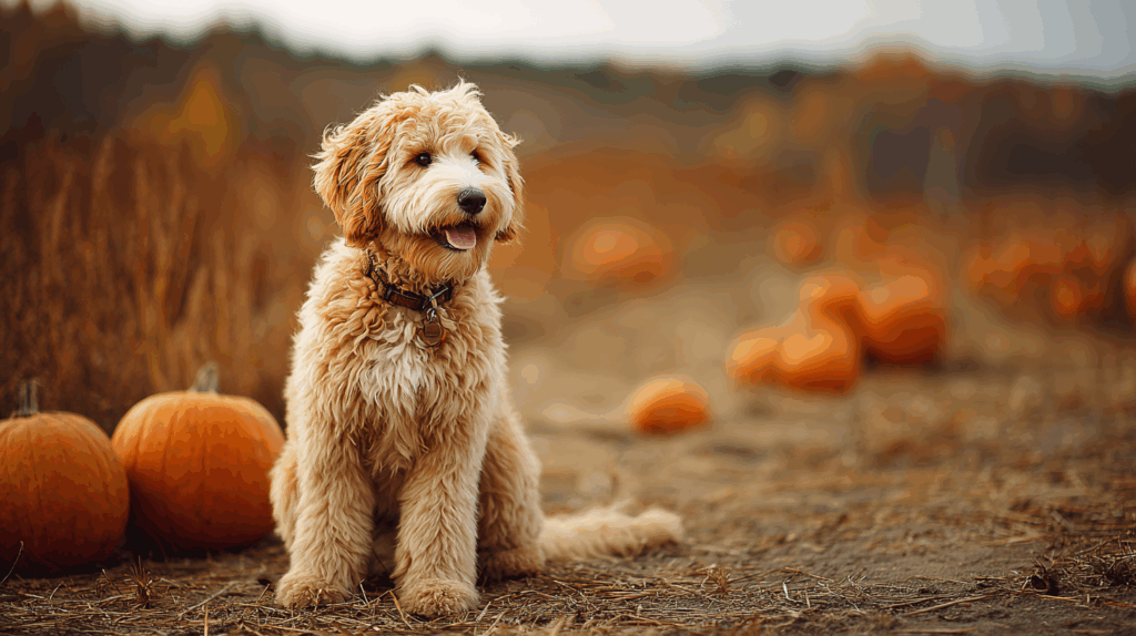 A well trained Golden Doodle sits calmly near a pumpkin patch in autumn.