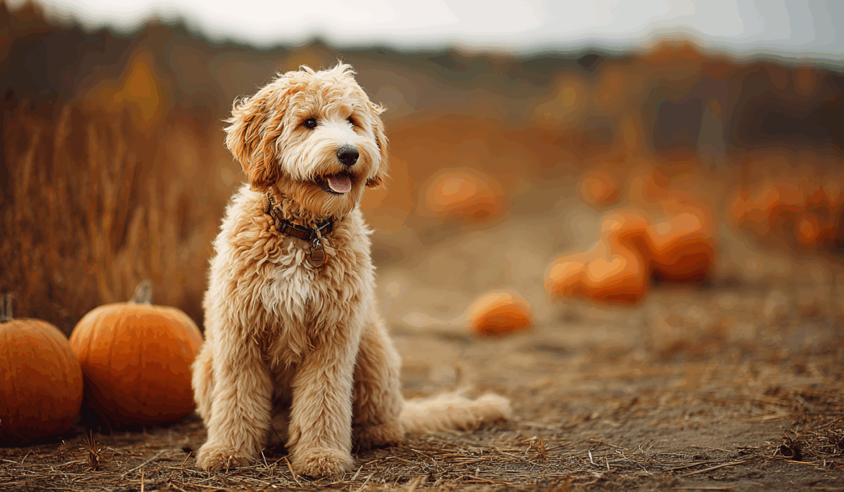 A well trained Golden Doodle sits calmly near a pumpkin patch in autumn.