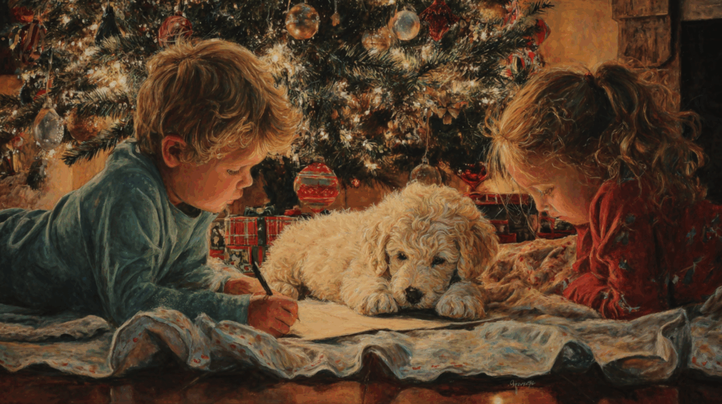Young children enjoy time with their new Christmas doodle puppy.