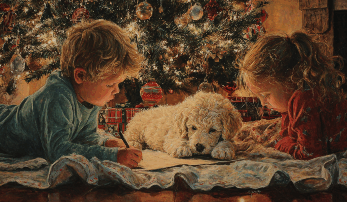Young children enjoy time with their new Christmas doodle puppy.