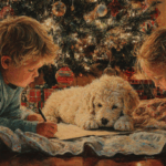 Young children enjoy time with their new Christmas doodle puppy.