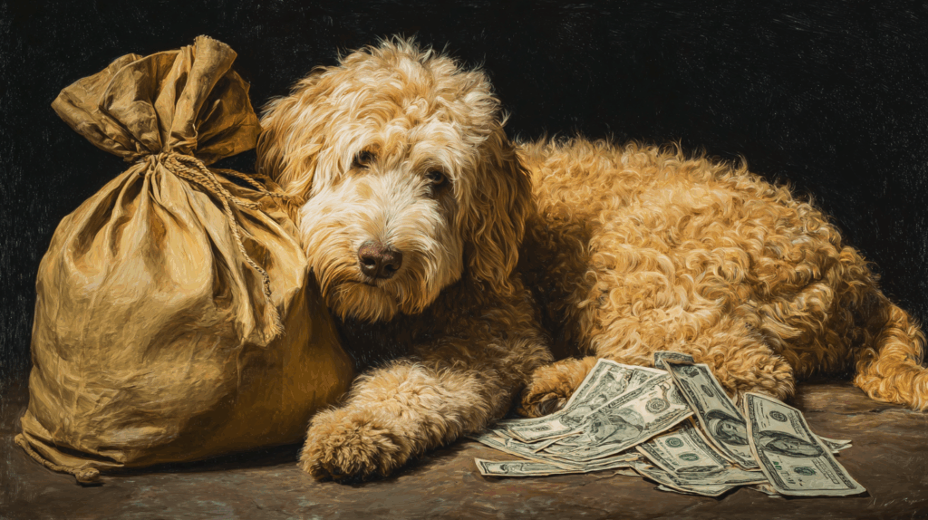 A Goldendoodle leaning against a bag of money, implying that every dollar spent on them is worth it.