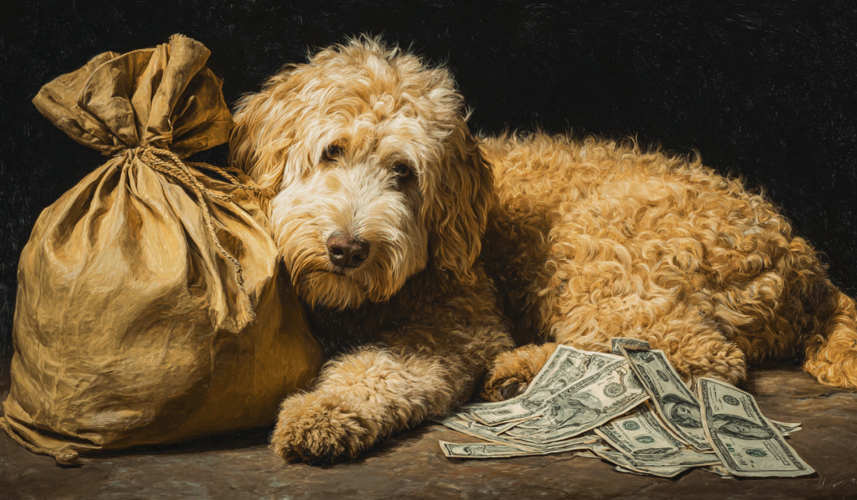 A Goldendoodle leaning against a bag of money, implying that every dollar spent on them is worth it.