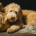 A Goldendoodle leaning against a bag of money, implying that every dollar spent on them is worth it.