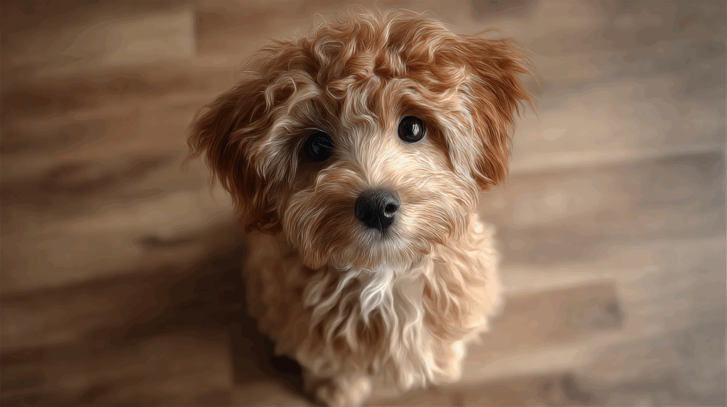 A mini doodle staring up at their owner as they take a candid picture.