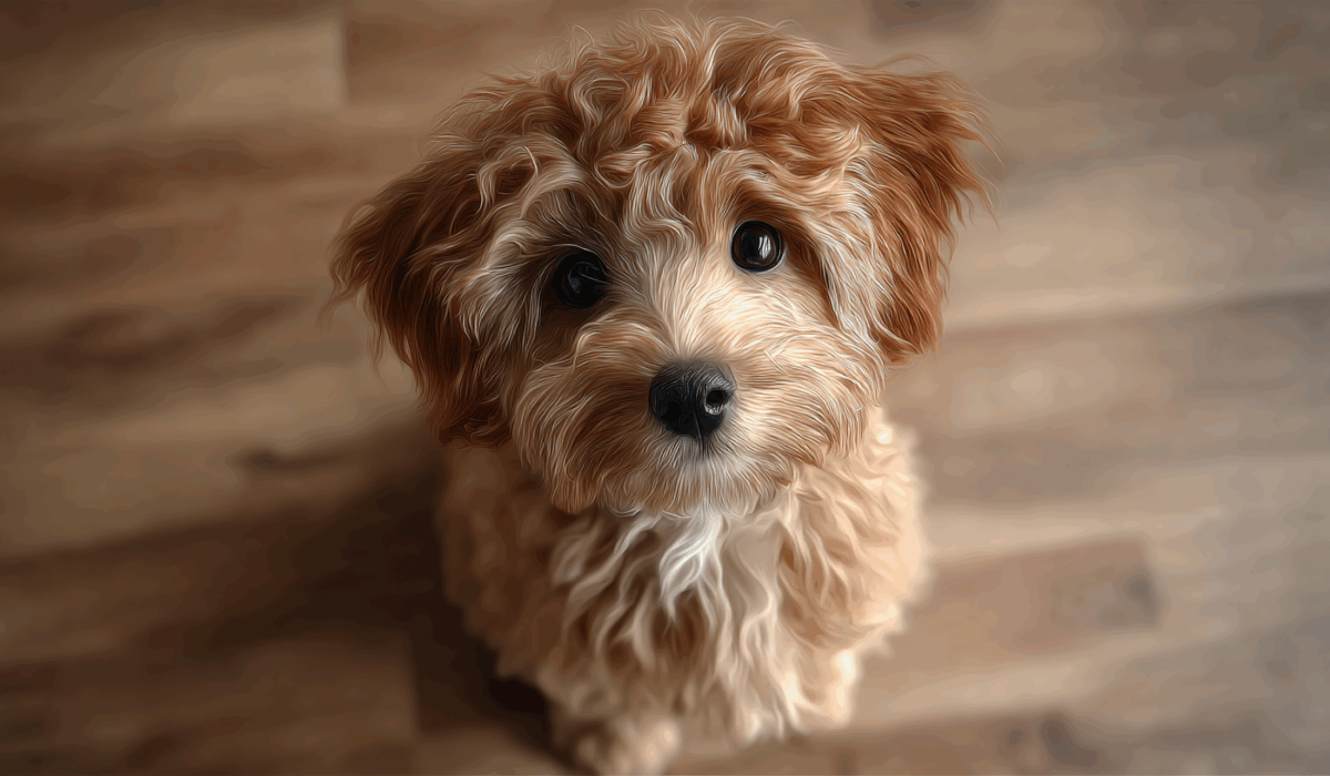 A mini doodle staring up at their owner as they take a candid picture.