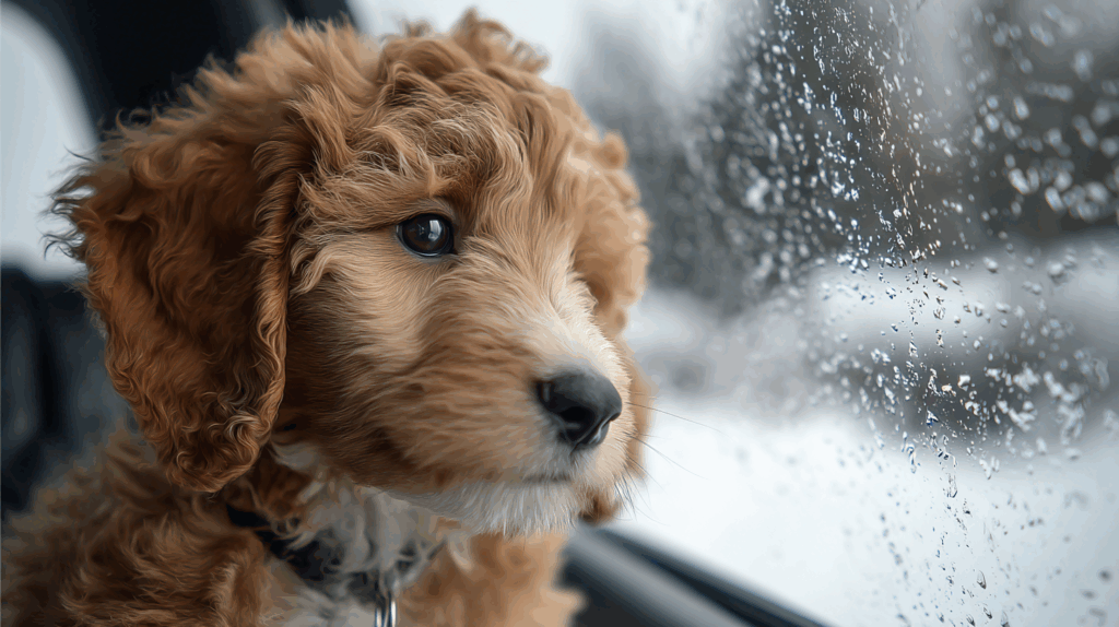 Golden doodle traveling with their new family on Christmas Eve.
