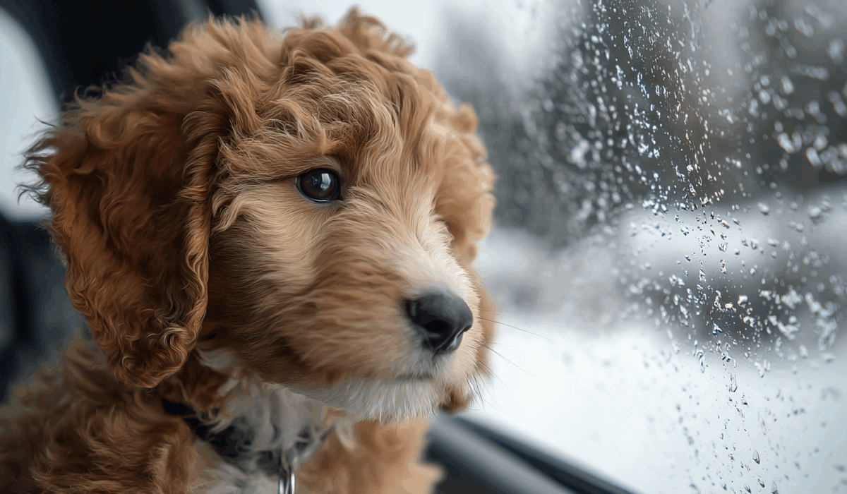 Golden doodle traveling with their new family on Christmas Eve.