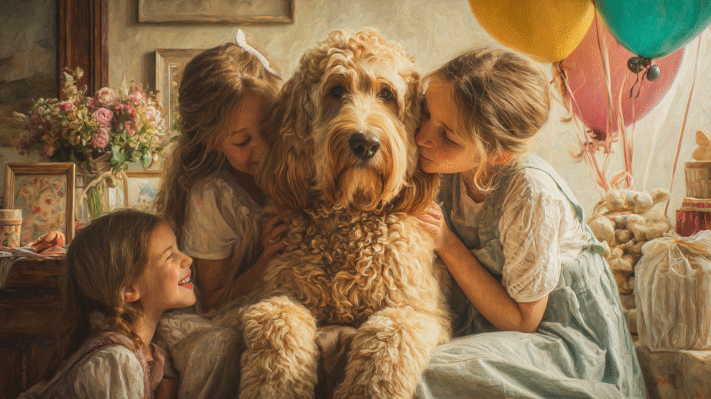 A goldendoodle being loved and spoiled by his family on Love Your Pet Day in February 2026.