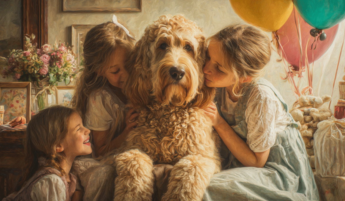 A goldendoodle being loved and spoiled by his family on Love Your Pet Day in February 2026.