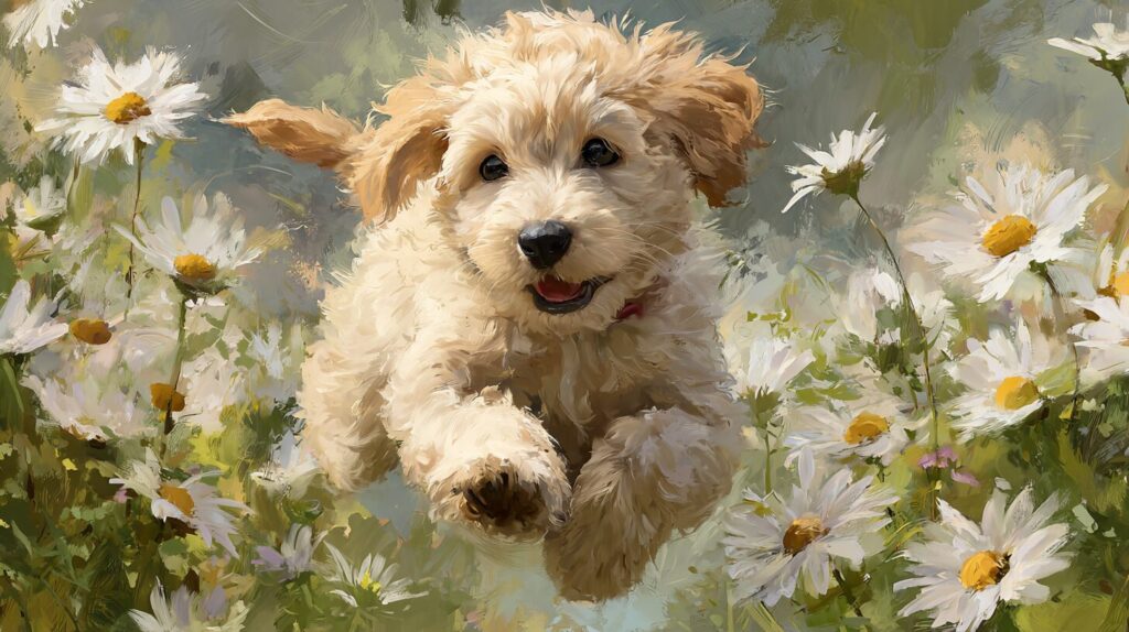 Happy Goldendoodle puppy bounding through spring daisies in a bright, painted field.
