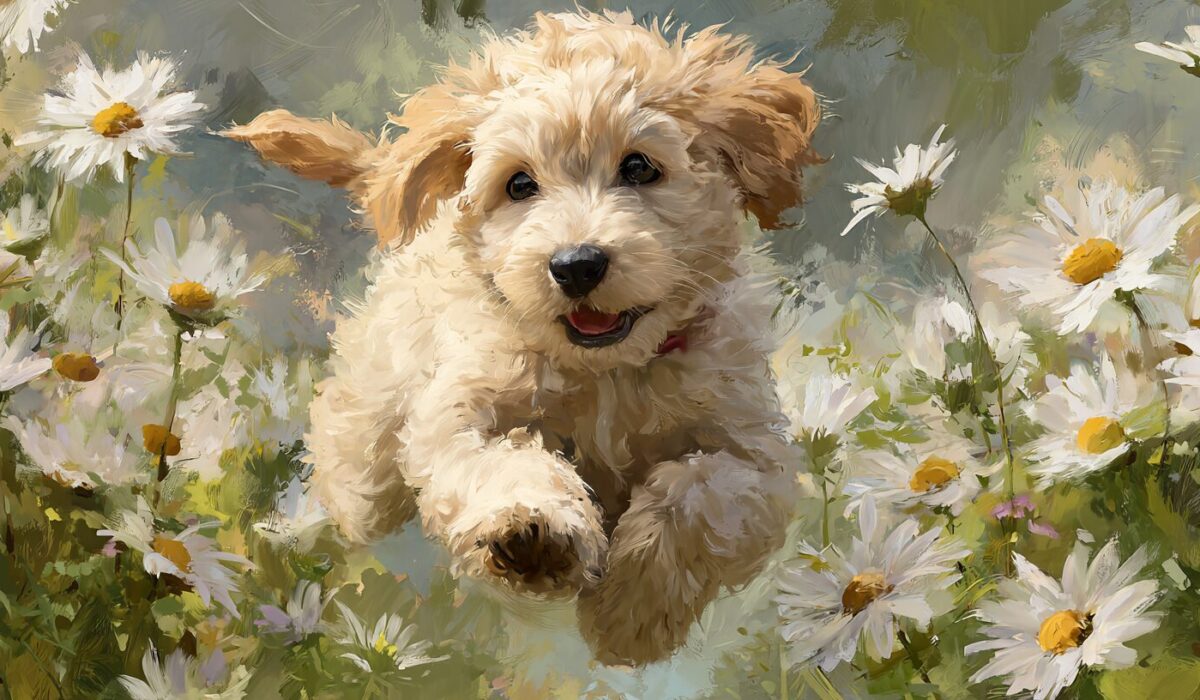 Happy Goldendoodle puppy bounding through spring daisies in a bright, painted field.