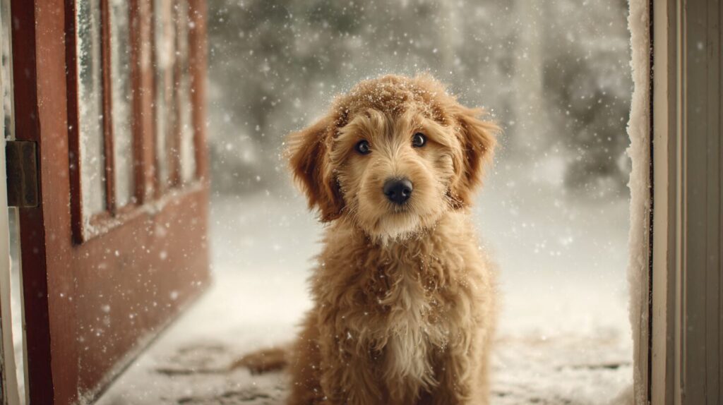 A Goldendoodle puppy shakes of the winter snow and cold and gets ready to enter a clean and warm home as the season changes.