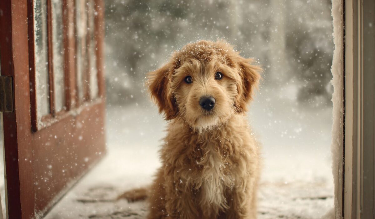 A Goldendoodle puppy shakes of the winter snow and cold and gets ready to enter a clean and warm home as the season changes.