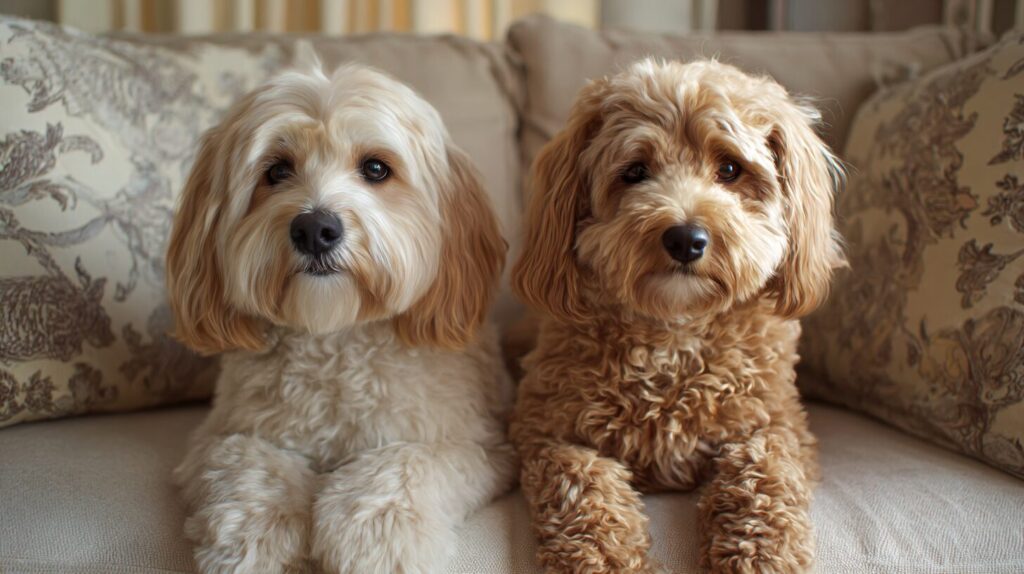 A mini Goldendoodle and a Cockapoo sit side by side on a couch, comparing the breeds by nature and suitability for the home.