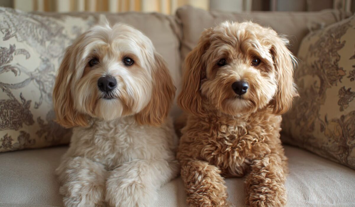 A mini Goldendoodle and a Cockapoo sit side by side on a couch, comparing the breeds by nature and suitability for the home.