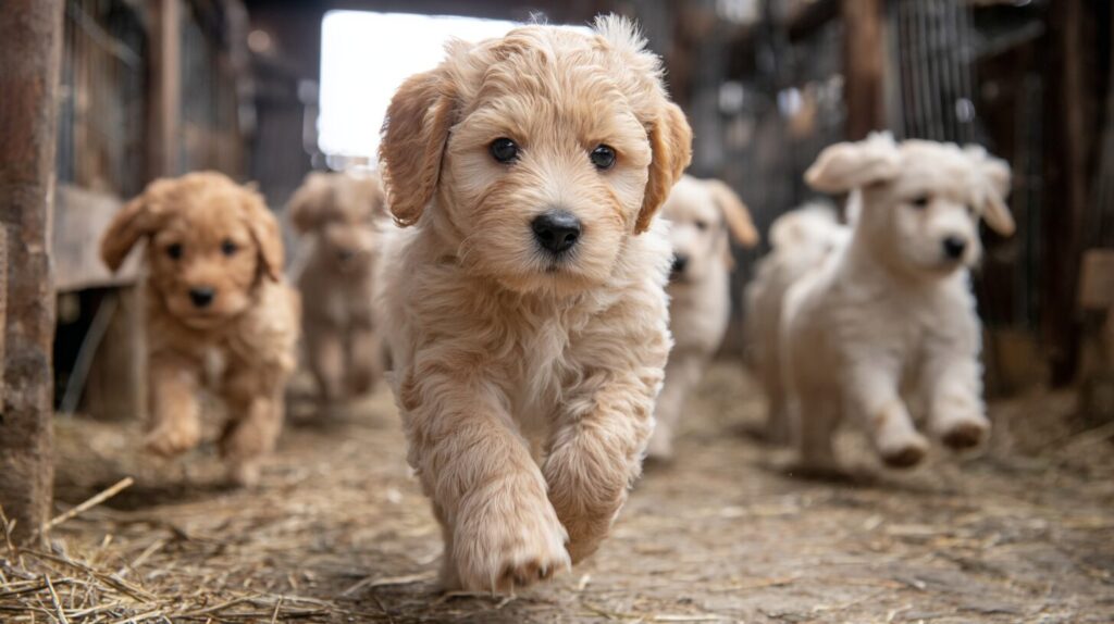 Doodle puppies from a professional and ethical breeder let's them run free for playtime.
