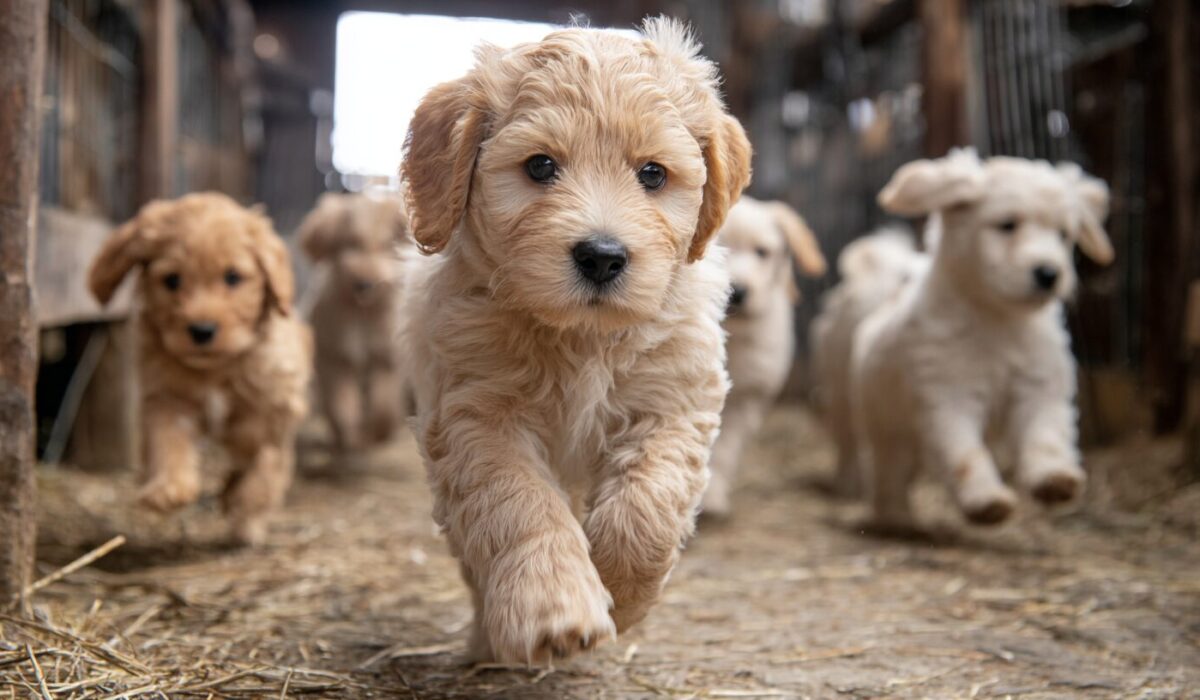 Doodle puppies from a professional and ethical breeder let's them run free for playtime.