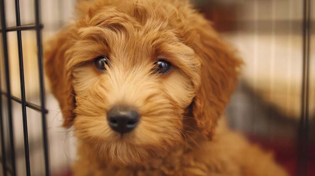 Close-up of a curly-haired Doodle puppy inside a crate, looking out with soft, curious eyes.