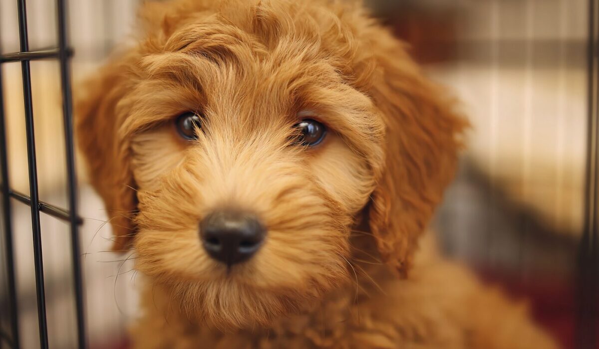 Close-up of a curly-haired Doodle puppy inside a crate, looking out with soft, curious eyes.
