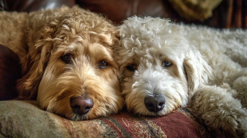 Two cozy Doodles cuddled together on a couch, representing calm companionship and balanced routines.