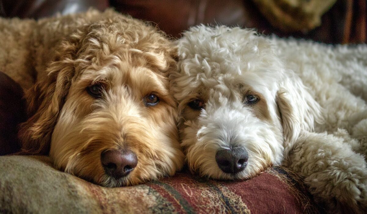 Two cozy Doodles cuddled together on a couch, representing calm companionship and balanced routines.