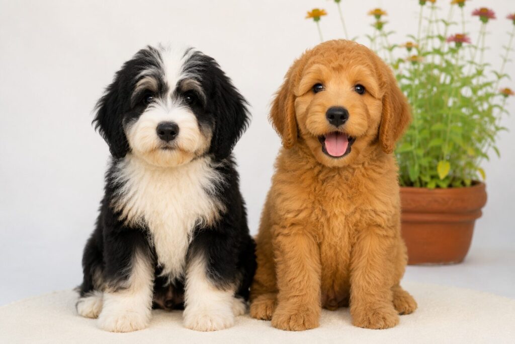 Bernedoodle and Goldendoodle puppies sitting side by side on a sunny lawn, showcasing their size and coat differences.