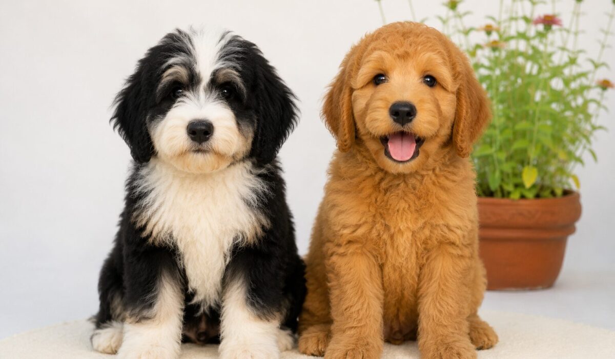 Bernedoodle and Goldendoodle puppies sitting side by side on a sunny lawn, showcasing their size and coat differences.