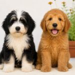 Bernedoodle and Goldendoodle puppies sitting side by side on a sunny lawn, showcasing their size and coat differences.