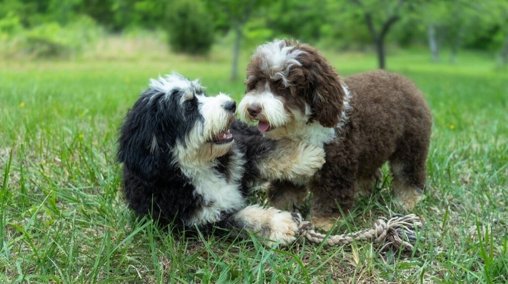 Our two lovely mini Bernedoodles playing in the yard.
