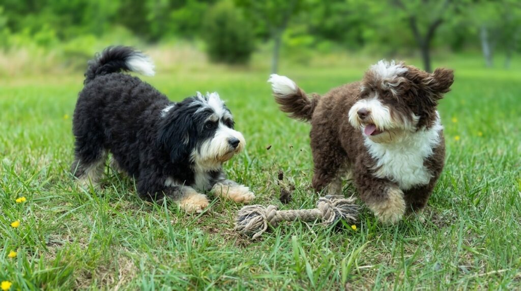 Our two new mini Bernedoodle parents playing with their favorite toy in the yard.